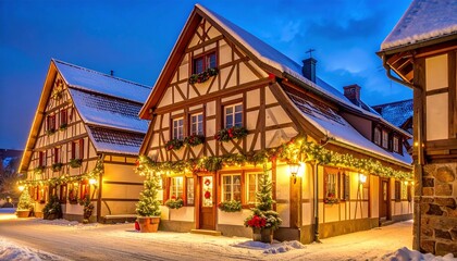 雪に包まれたヨーロッパ風街並みとクリスマスの灯りSnowy European Street with Festive Christmas Lights and Decorations