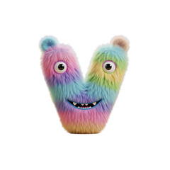 Fototapeta premium A fluffy, colorful, rainbow-striped monster character shaped like the letter V, with big eyes and a smiling mouth, on a white background.