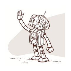 Cute cartoon retro robot waving hello friendly greeting design element isolated on transparent background