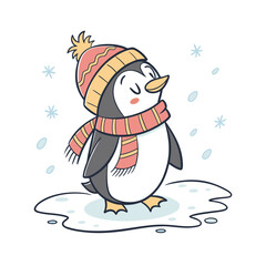Cute penguin wearing winter hat and scarf with snowflakes falling digital art isolated on transparent background