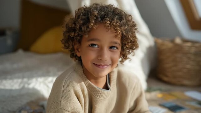 Homeschooling child sitting on a cozy rug with educational games and flashcards scattered around, emotion of joy and engagement visible, symbolizing playful learning, cognitive development, and