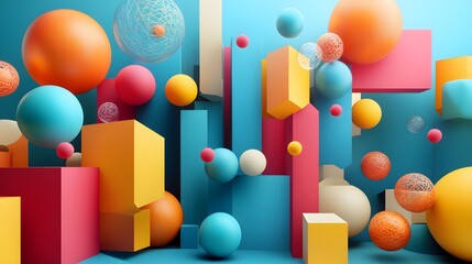 Colorful layered 3D shapes resembling paper folds in orange, red, and blue hues