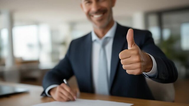 Legal consultant stamping approval on formal agreement in modern law office, expression confident and composed, symbolizing contractual validation, regulatory compliance, and emotional satisfaction