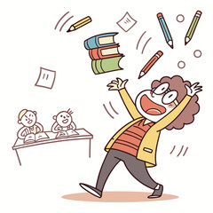 Overwhelmed student juggling books pencils and papers in chaotic classroom scene isolated on transparent background