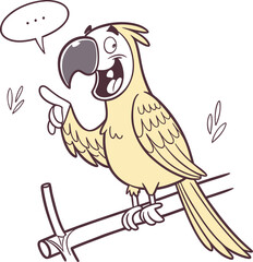 Cartoon parrot perched on a branch with minimalist outline and subtle shadows isolated on transparent background