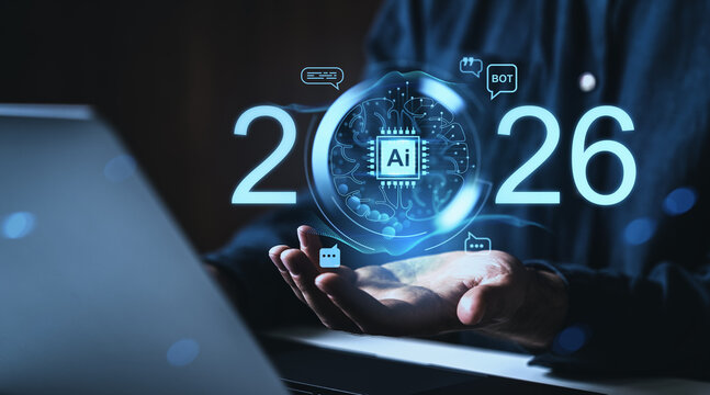Futuristic AI concept with digital brain and 2026 glowing numbers over open hands in front of a laptop on dark background, symbolizing future technology online.