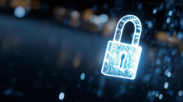 Mysterious glowing lock hovering in a dark void surrounded by binary code, evoking cyber mystery, digital security, encrypted secrets, and the unknown layers of online protection. cinematic color