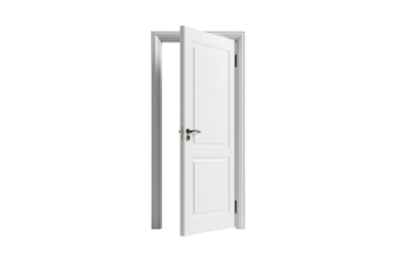 Open white interior door with frame isolated on transparent background