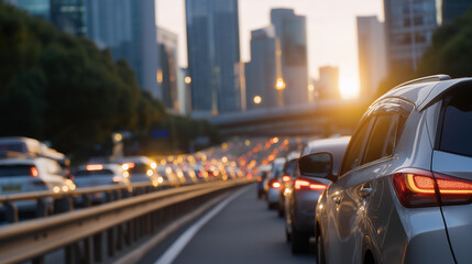 A long line of vehicles stuck in traffic on a busy highway after a road accident, with emergency lights visible in the distance, symbolizing urban congestion, transportation challenges, and the