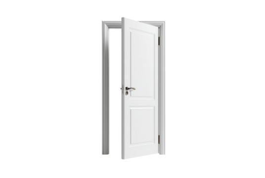 Open white interior door with frame isolated on transparent background