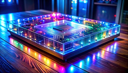 Lit, square chip model encased in clear plastic sits on a wood table; colorful lights illuminate the scene
