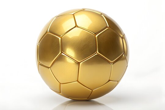 Close up shot of a shiny golden soccer ball with hexagonal and pentagonal panels on a white background