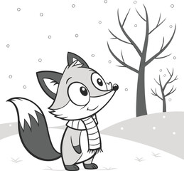 Whimsical fennec fox standing in snowy woodland with bare trees and snowflakes isolated on transparent background