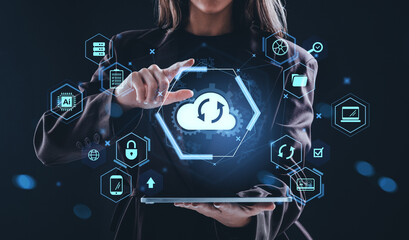 Businesswoman interacting with cloud backup service interface ic