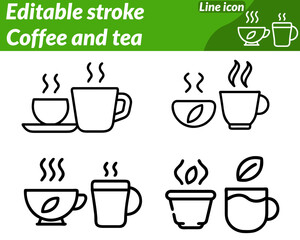 A warm inviting icon featuring a steaming coffee cup and a teapot tea mug to symbolize relaxation and refreshment. The design includes rising steam lines tea leaves coffee beans for a cozy atmosphere.