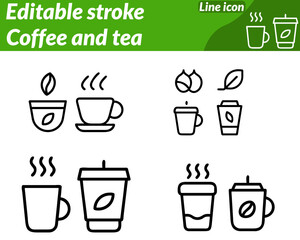 A warm inviting icon featuring a steaming coffee cup and a teapot tea mug to symbolize relaxation and refreshment. The design includes rising steam lines tea leaves coffee beans for a cozy atmosphere.