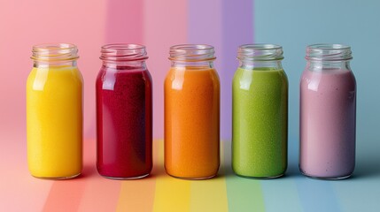 Bright and colorful smoothies lined up on a pastel background with jars in a rainbow effect