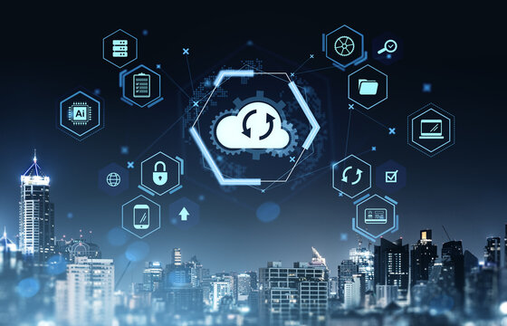 Cloud backup service and data storage technology icons over Bangkok cityscape at night symbolizing digital infrastructure and secure network systems.