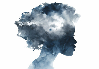 Artistic portrait silhouette woman blue ink clouds