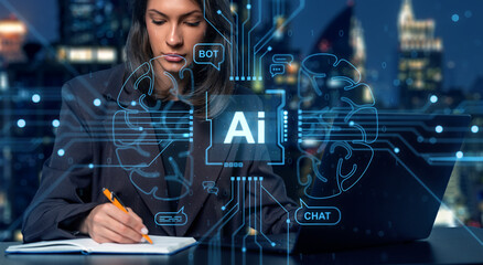 Businesswoman writing notes at desk with AI hologram interface a