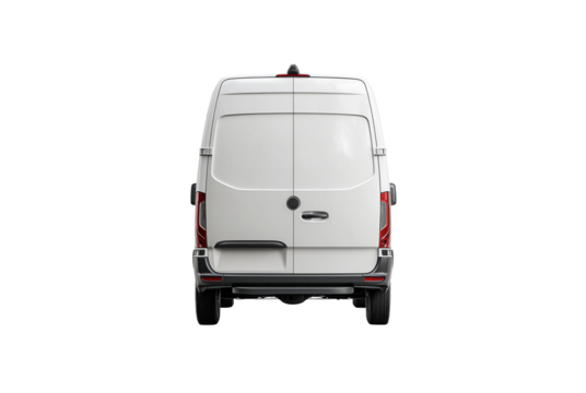 Rear view of a white cargo van isolated on transparent background