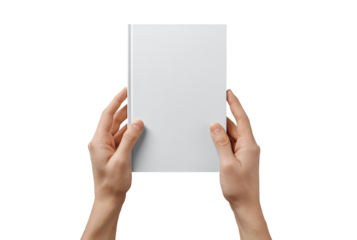 Hands holding a blank white book isolated on transparent background