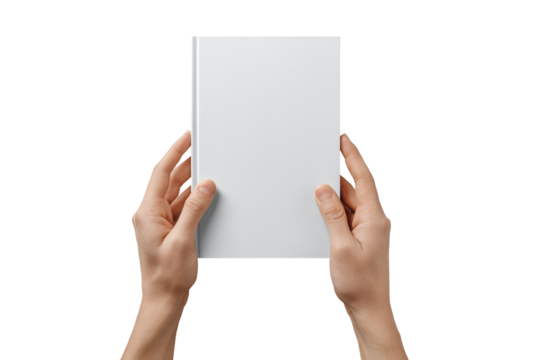 Hands holding a blank white book isolated on transparent background