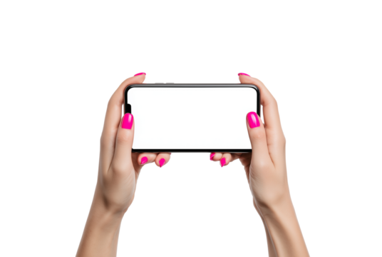 Woman s hands holding a smartphone horizontally isolated on transparent background