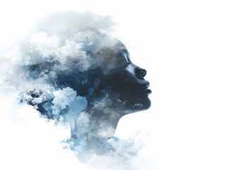 Artistic portrait silhouette woman blue ink clouds