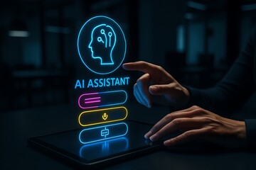 Hands Interacting with Holographic AI Assistant Interface on Tablet with Glowing Neon Buttons and Dark Background