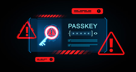 Cybersecurity warning with digital passkey interface and red alert symbols on dark background indicating password breach or hacking threat attempt.