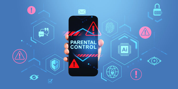 Parental control concept with hand holding smartphone surrounded by digital security and warning icons on futuristic blue background.