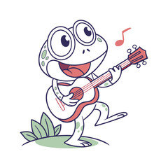 Cute cartoon frog playing guitar and singing music notes animated character design isolated on transparent background