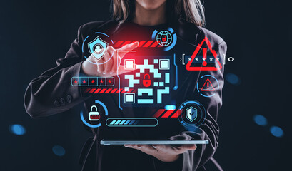 Woman interacting with glowing cybersecurity icons using tablet