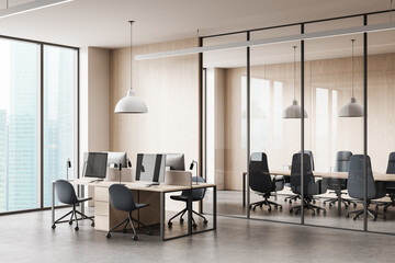 Modern open space office interior with wooden walls, glass partition, and contemporary furniture in minimalist design style and natural lighting environment. 3D Rendering