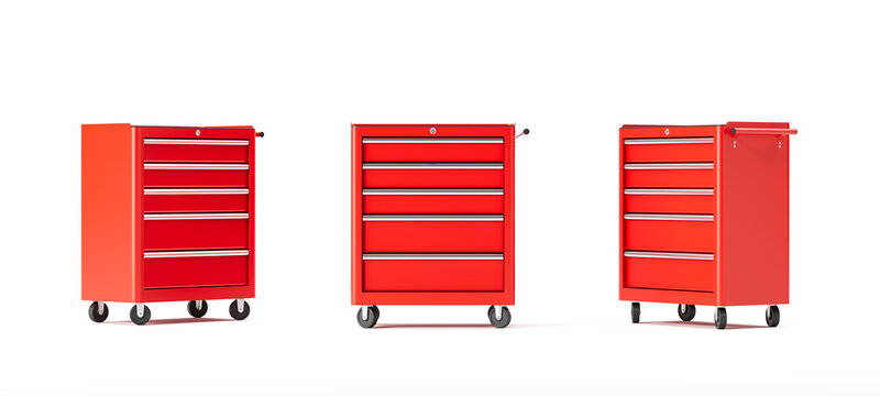 Red metallic tool cabinets with drawers and wheels isolated on white background, organized in three different perspectives for storage concept display. 3D Rendering