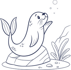 Adorable cartoon seal outline on rocks with bubbles art isolated on transparent background