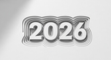 Creative 3D Paper Cutout Style Design of the Year 2026 on a White Background