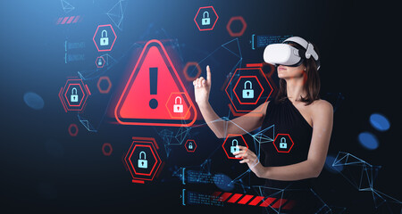 Woman using virtual reality headset interacting with cybersecuri
