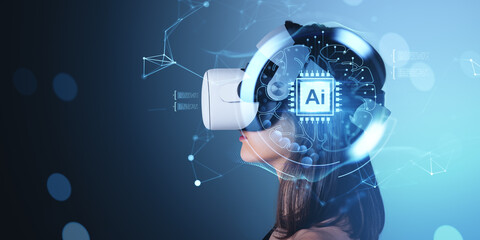 Woman wearing VR headset with AI brain interface on digital blue