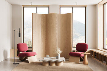 Modern minimalist interior design with red lounge chairs, wood divider, and sculptural coffee table in bright living room with large windows and natural light. 3D Rendering