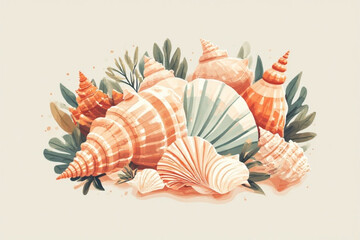 Obraz premium Watercolor illustration of assorted seashells in peach, orange, and blue hues, surrounded by green foliage.