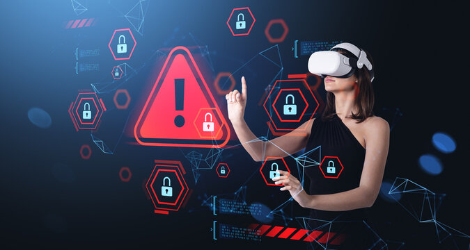 Woman using virtual reality headset interacting with cybersecuri