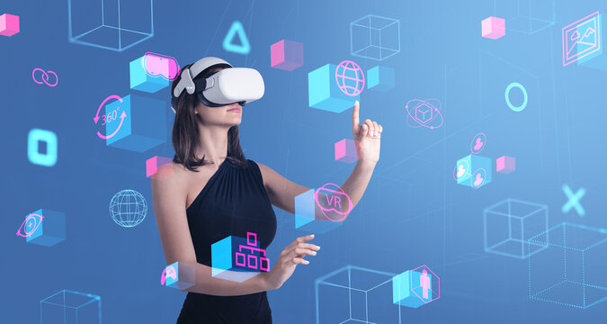 Woman using VR headset interacting with floating digital interfa