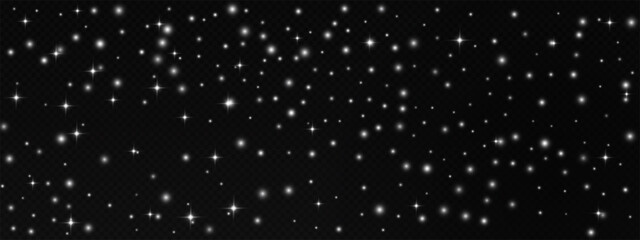 Dark cosmic universe background with distributed star clusters. Luminous particles, flecks, and sparkles creating realistic starlight texture. Vector illustration for galaxy graphic.