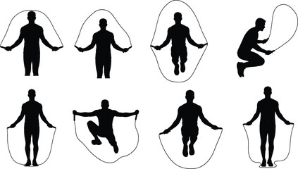 Jump rope silhouette illustration, fitness workout poses, cardio training vector, athletic exercise icons, black figure motion, gym activity design © Arafat World