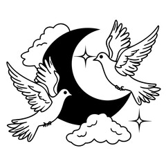 Doves on Crescent Moon Line Art Vector, Elegant Ramadan Birds Outline, Minimal Islamic Night Illustration, Crescent Moon with Stars Clipart
