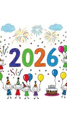 Fototapeta premium Colorful Celebration Design with Balloons, Cake, Fireworks and Hand-Drawn Characters for New Year