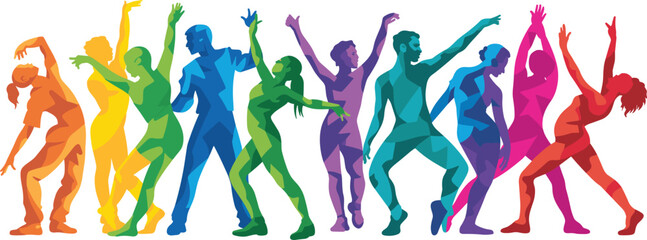 Colorful dance pose illustration, vibrant human figures in motion, expressive movement vector, cad drawing flat vector illustration, rainbow character art