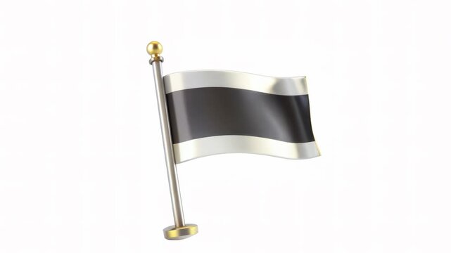 A waving flag with a black and white design on a pole with a golden finial.